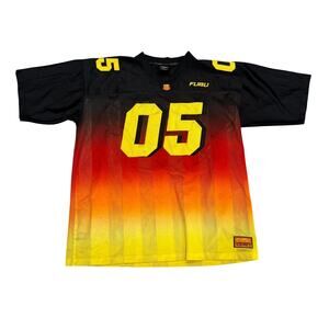 Vintage FUBU The Collection Football Jersey XXL Black Orange Fire Gradient Y2K